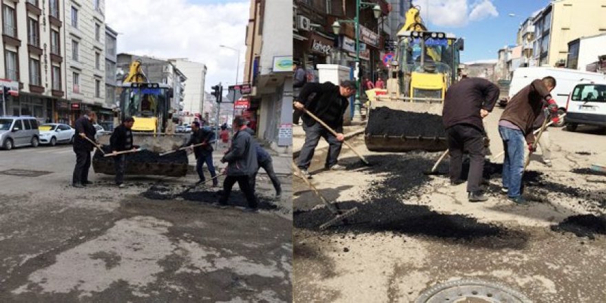 Kars Belediyesi bozulan yollara yama yapıyor