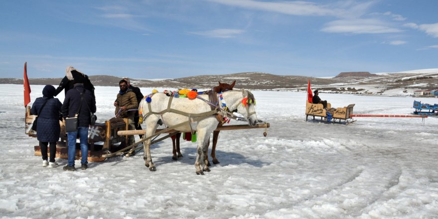 Kars’ta 40 santim buz tutan göl üzerinde atlı kızak keyfi