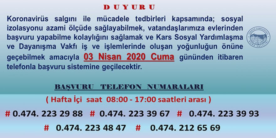 Kars’ta, SYDV telefonla başvuru sistemine geçildi