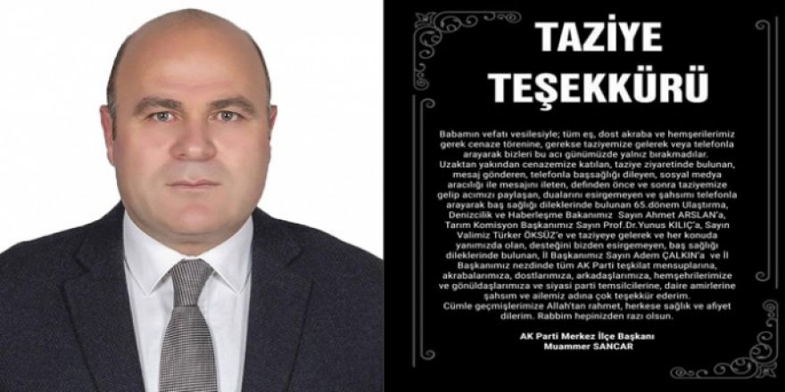 Başkan Muammer Sancar'ın Taziye Teşekkür Mesajı