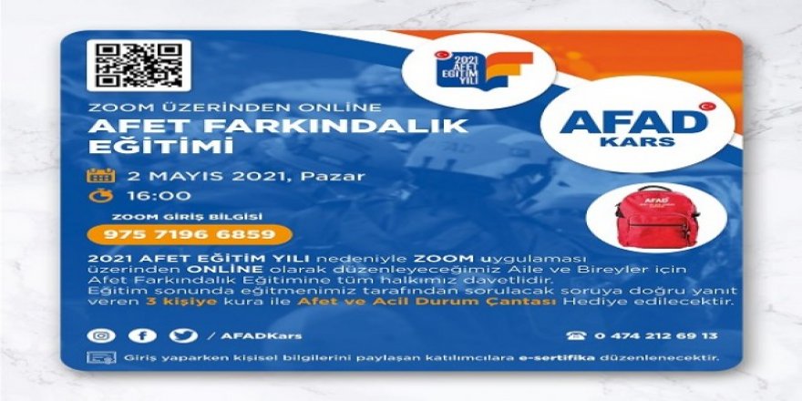 Kars AFAD, Zoom üzerinden online afet farkındalık eğitimi verecek