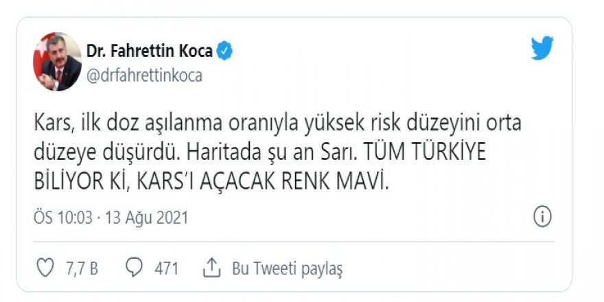 Sağlık Bakanı Dr. Fahrettin Koca : "Kars'ı açacak renk mavi"