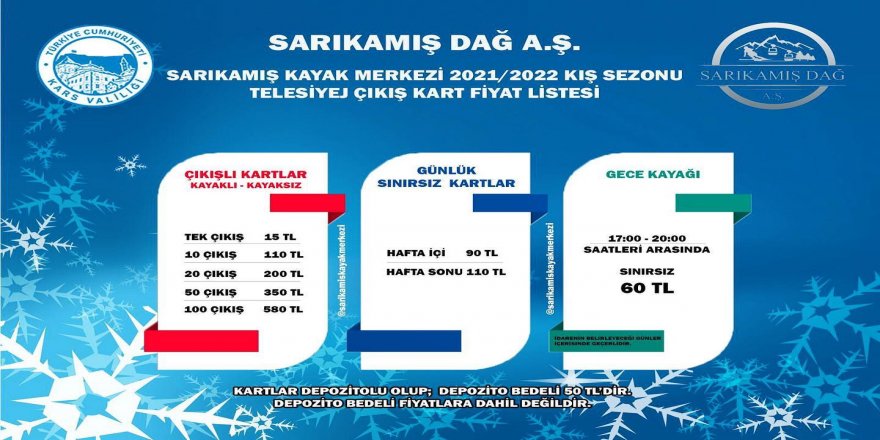 Sarıkamış Kayak Merkezi Telesiyej Çıkış Fiyat Listesi Açıklandı