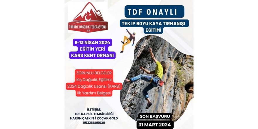 TDF Kars İl Temsilciliği ‘Tek İp Boylu Kaya Tırmanışı’ eğitimi verecek