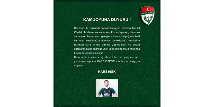 Kars 36 Spor Kulübü'nden Açıklama