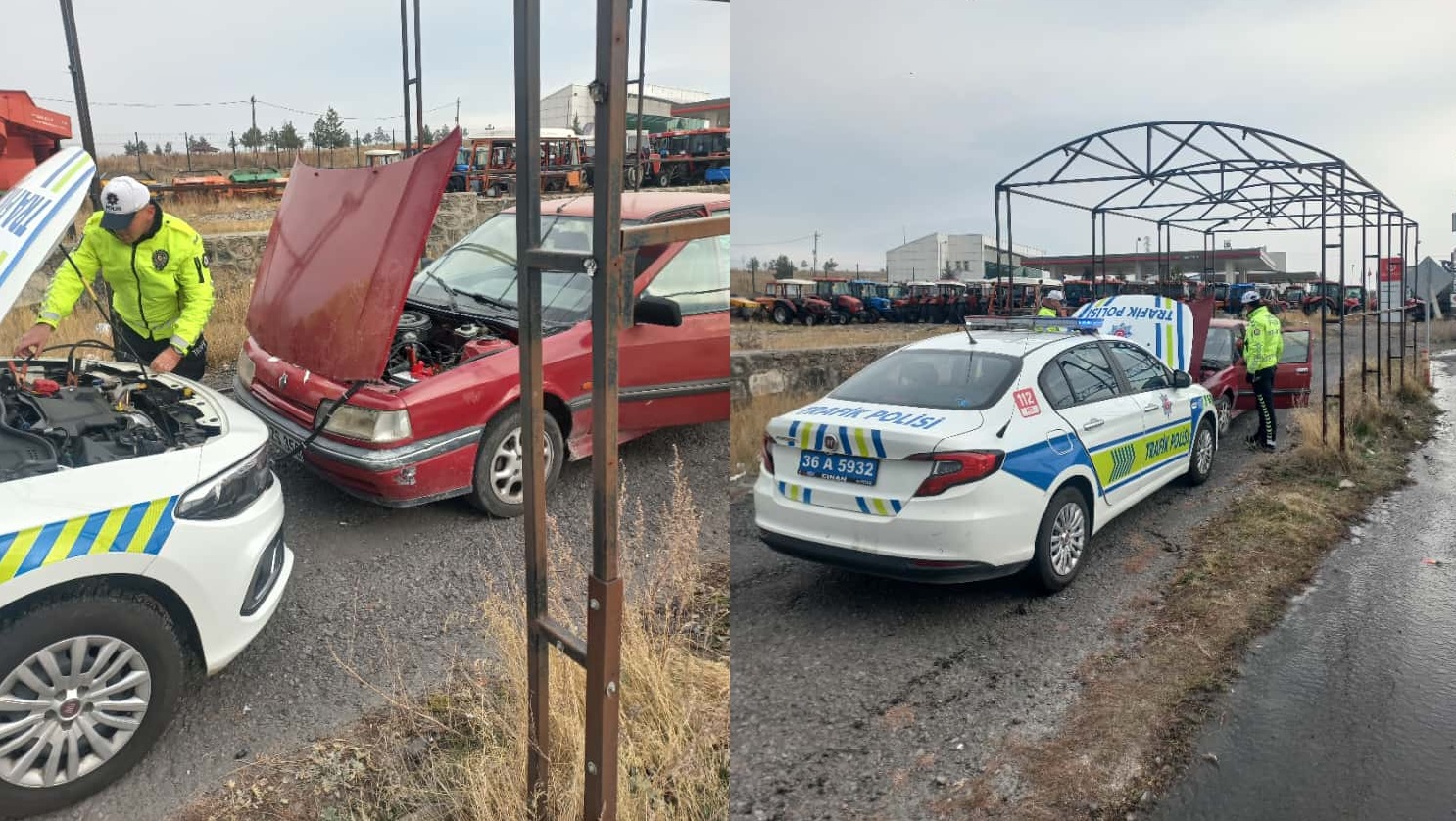 Kars’ta Trafik Ekipleri yolda kalan sürücünün imdadına yetişti