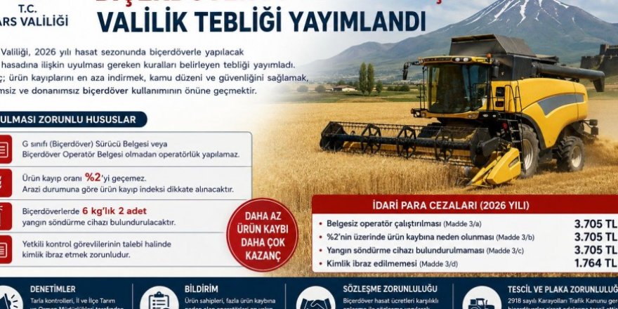 Kars'ta Biçerdöver Denetimleri İçin Valilik Tebliği Yayımlandı