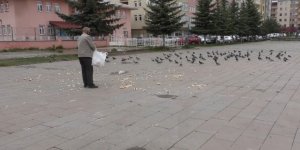 Evine aldığı ekmeği güvercinlere verdi